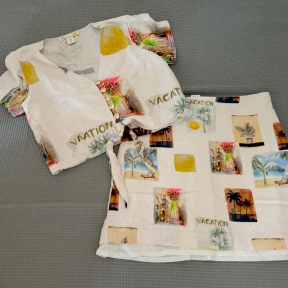 C&C California 2 Piece Set XS White Multicolor Postcard Print Top Mini Skirt